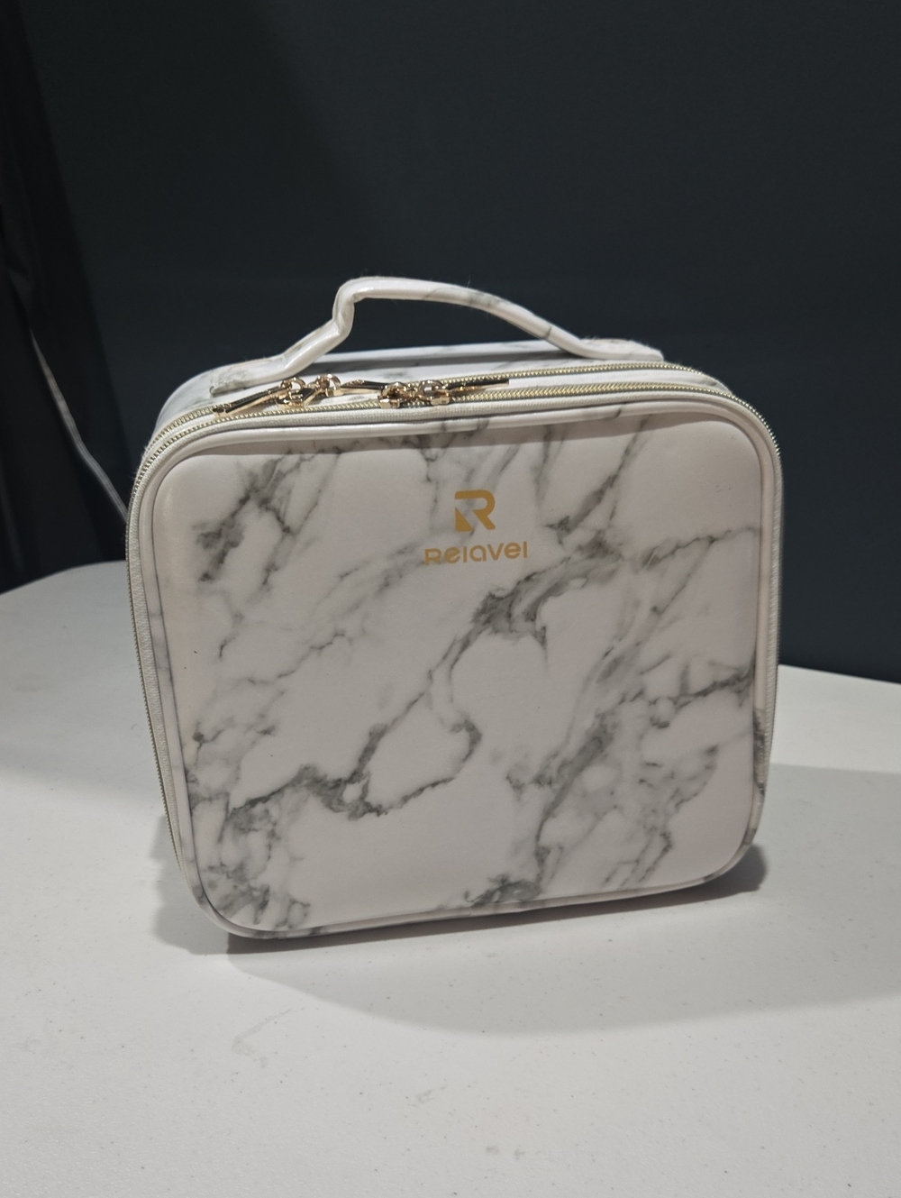 Relavel White Marble Cosmetic Case with Gold Accents